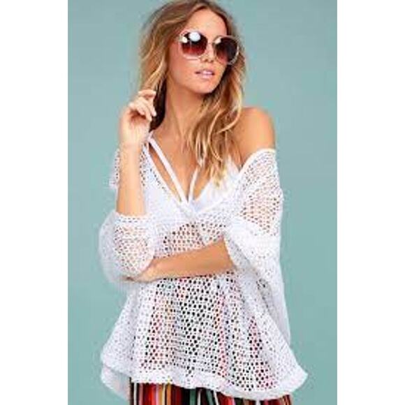 FREE PEOPLE Napa Crochet White Off The‎ Shoulder Oversized Extra Small Mesh Top - Picture 1 of 5